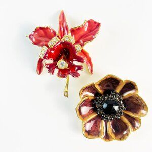 Lot of 2 Vintage Alana Stewart Large Orchid Anemone Flower Brooches Enamel Rhine